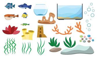 Aquarium underwater vector elements isolated on white background. Aquaristics cartoon set with aquarium fishes stones seaweeds seashells and aquarium tanks of different shapes.