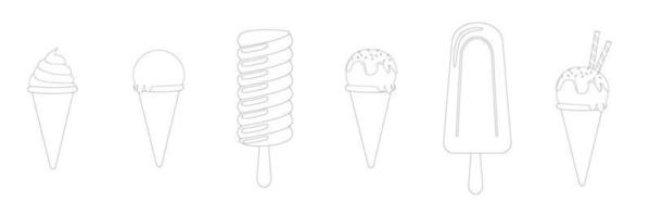 Ice cream clean black outline . Different ice cream types and set of different flavors. Ice cream set and collection. Ice cream in cone black and white set. Cold dessert and refreshing tasty food. vector