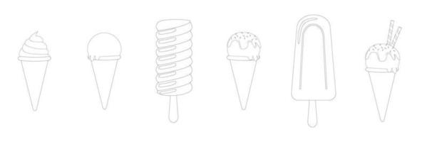 Ice cream clean black outline . Different ice cream types and set of different flavors. Ice cream set and collection. Ice cream in cone black and white set. Cold dessert and refreshing tasty food. vector