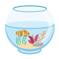 Illustration aquarium with gold fish on white background. Vector silhouette of golden fish with water, algae, sand and stones in cartoon style.