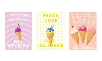 Set of sweet ice cream shops flyers,banners on vintage background.Collection of pages for kids menu,cafe,posters. cards, cafeteria advertisement.Template vector illustration.