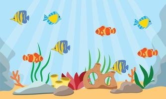 Seascape of life - ocean and underwater world with different inhabitants. For print, create video or web graphic design, user interface, card, poster. vector