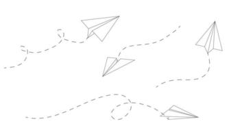 avión de papel. esbozar aviones voladores desde diferentes ángulos y direcciones con pista punteada, símbolos de viaje o mensaje, conjunto de vectores lineales. ruta curva con aviones para la entrega de correo