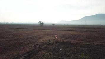 Rotational follow shot of Malaysia flag at vast open wet land. video