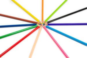 round radius and circle arrangement by blunt colour pencils directed and pointed to the center of the wheel. It has copy space on the white background for any text insertion. photo