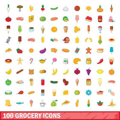 100 grocery icons set, cartoon style