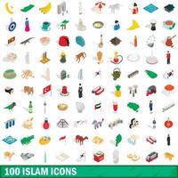 100 islam icons set, isometric 3d style vector