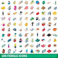 100 female icons set, isometric 3d style vector