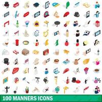 100 manners icons set, isometric 3d style vector