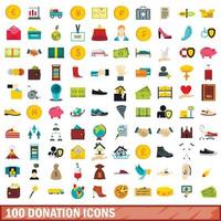 100 donation icons set, flat style