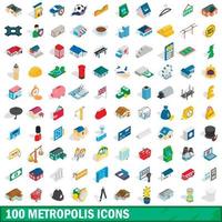 100 metropolis icons set, isometric 3d style