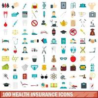 100 health insurance icons set, flat style vector