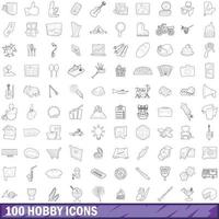 100 hobby icons set, outline style vector