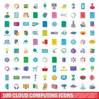 100 conjunto de iconos de computación en la nube, estilo de dibujos animados vector