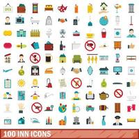 100 inn icons set, flat style vector