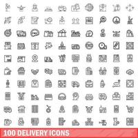 100 conjunto de iconos de entrega, estilo de esquema vector