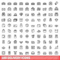 100 conjunto de iconos de entrega, estilo de esquema vector