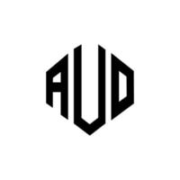 AUO letter logo design with polygon shape. AUO polygon and cube shape logo design. AUO hexagon vector logo template white and black colors. AUO monogram, business and real estate logo.