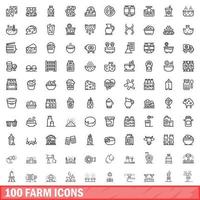 100 farm icons set, outline style vector