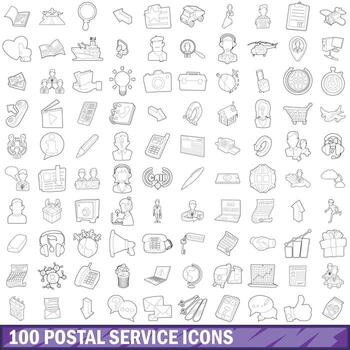 100 postal service icons set, outline style vector