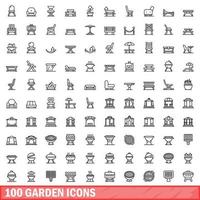 100 garden icons set, outline style vector