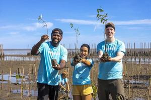 equipo de jóvenes y diversos grupos de trabajadores voluntarios disfrutan del trabajo social caritativo al aire libre en el trabajo de ONG de plantación de manglares para luchar contra el cambio climático y el calentamiento global en el proyecto de hábitat costero foto