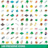 100 preserve icons set, isometric 3d style vector