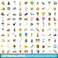 100 iconos rurales, estilo de dibujos animados vector