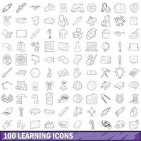 100 iconos de aprendizaje establecidos, estilo de esquema vector