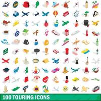 100 touring icons set, isometric 3d style vector