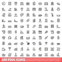 Conjunto de 100 iconos de piscina, estilo de esquema vector