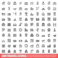 100 travel icons set, outline style vector