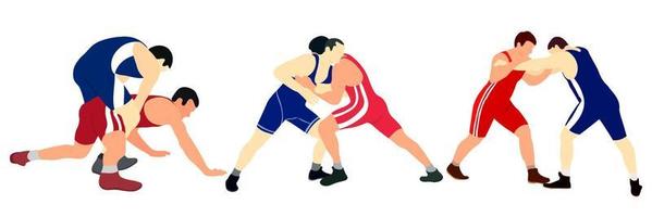 Vector team of athletes wrestlers in wrestling, duel, fight. Greco Roman, freestyle, classical wrestling.
