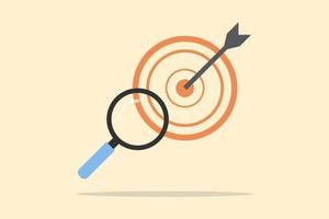 Finding goals or ideas and target concepts. Magnifying and dart with an arrow on yellow background for business, investment, inspiration, education, eCommerce, seo, and social network.