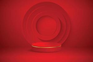 Red podium and modern gold border with a red embossed circle element background. Abstract vector illustration showing a 3D shape for placing a product with copy space.