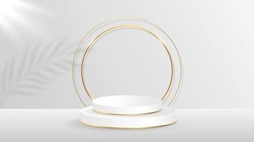Minimal scenery with geometrical forms. white podium display product and sparkle golden curve line element, background vector 3d render podium. stand cosmetic products. 3d vector illustration.