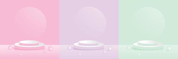 Set of pastel minimal scenery with geometrical forms. pink, violet, green and balls. background vector 3d render podium. stand cosmetic products. 3d vector illustration.