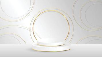 Minimal scenery with geometrical forms. white podium display product and sparkle golden curve line element, background vector 3d render podium. stand cosmetic products. 3d vector illustration.