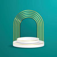 Minimal scenery with geometrical forms. white podium display product and sparkle golden curve line element, background vector 3d render podium. stand cosmetic products. 3d vector illustration.
