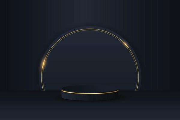Black podium and modern gold border with a black circle element background. Abstract vector illustration showing a 3D shape for placing a product with copy space.