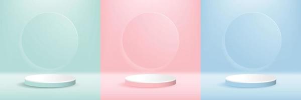 Set of pastel minimal scenery with geometrical forms. green, pink, light blue in circle backdrop. background vector 3d render podium. stand cosmetic products. vector illustration.