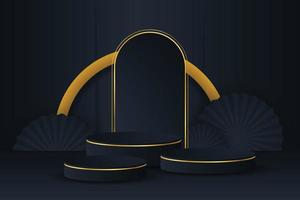 Black podium and modern gold border with a black circle element background. Abstract vector illustration showing a 3D shape for placing a product with copy space.