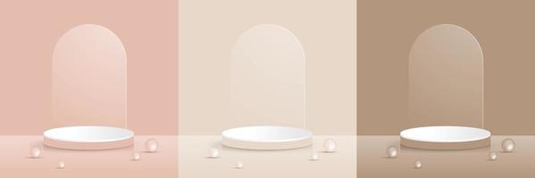 Set of pastel minimal scenery with geometrical forms. Cream, Rose, Sand and balls. background vector 3d render podium. stand cosmetic products. 3d vector illustration.