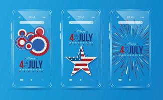 Circular American flag illustration with ribbons and stars and fireworks on mobile phone screen for 4th of july usa independence day with blue background.