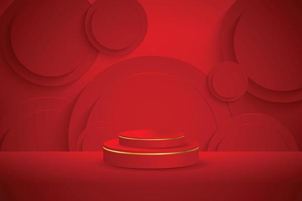Red podium and modern gold border with a red embossed circle element background. Abstract vector illustration showing a 3D shape for placing a product with copy space.