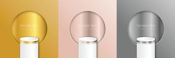 Pastel minimalist scene set with geometric shapes. gold, rose, silver background with white podium beautiful gold border 3d vector background podium rendering cosmetic product stand 3d illustration