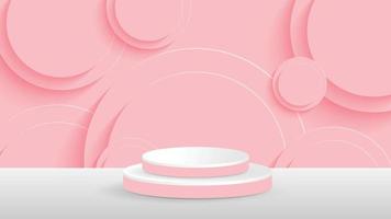 producto de exhibición de podio rosa el producto muestra un zócalo blanco y un elemento circular en relieve. pantalla de pedestal de vector de fondo rosa, soporte de producto cosmético ilustración de vector 3d