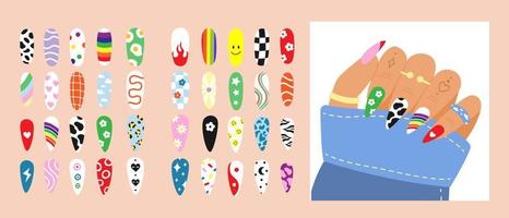 Ideas of nails design art in style of the 90s. Bright colorful manicure set vector