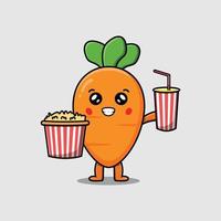 Cute cartoon carrot with popcorn and drink vector