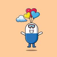 cartoon Capsule medicine skydiving with balloon vector